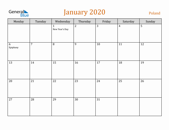 January 2020 Holiday Calendar with Monday Start