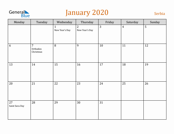 January 2020 Holiday Calendar with Monday Start