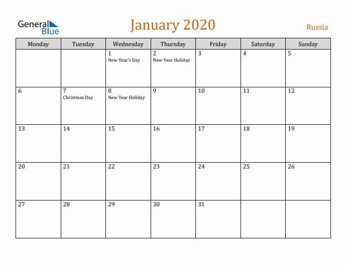 January 2020 Holiday Calendar with Monday Start