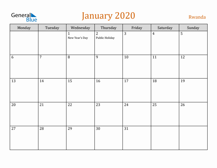 January 2020 Holiday Calendar with Monday Start