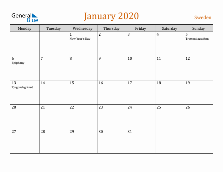 January 2020 Holiday Calendar with Monday Start