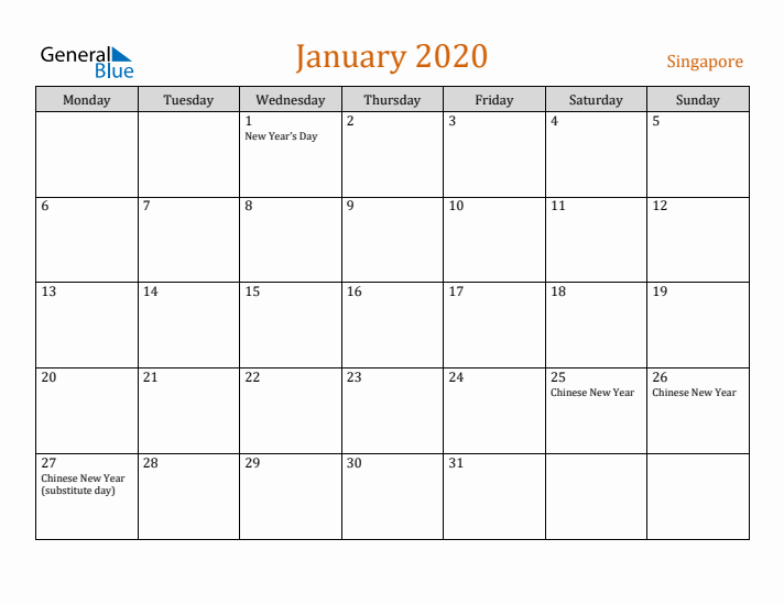 January 2020 Holiday Calendar with Monday Start