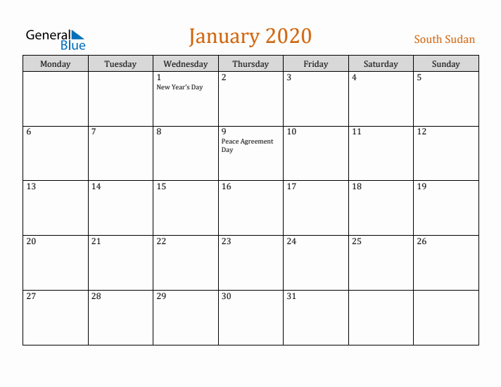 January 2020 Holiday Calendar with Monday Start