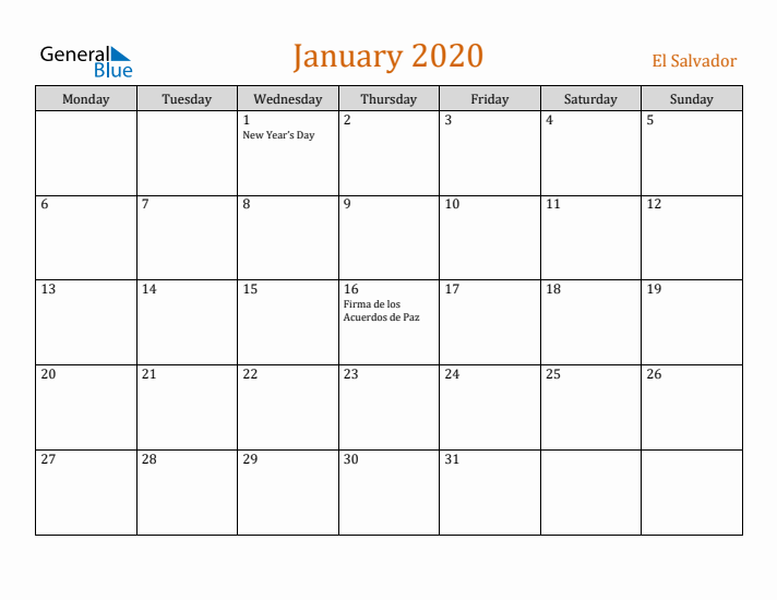 January 2020 Holiday Calendar with Monday Start