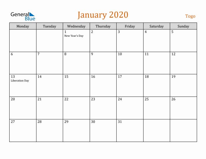 January 2020 Holiday Calendar with Monday Start