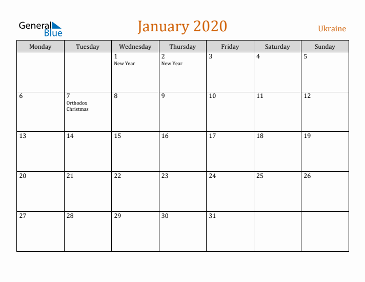 January 2020 Holiday Calendar with Monday Start