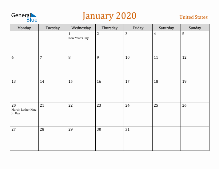 January 2020 Holiday Calendar with Monday Start