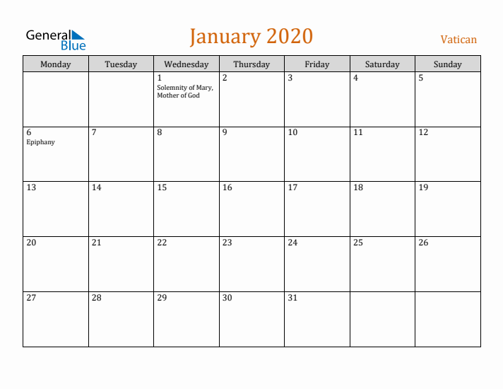 January 2020 Holiday Calendar with Monday Start