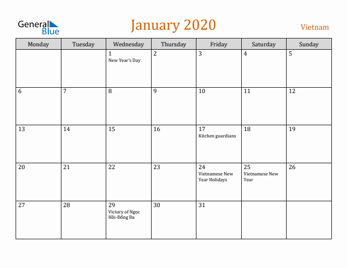 January 2020 Holiday Calendar with Monday Start