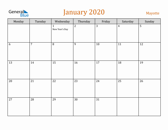 January 2020 Holiday Calendar with Monday Start