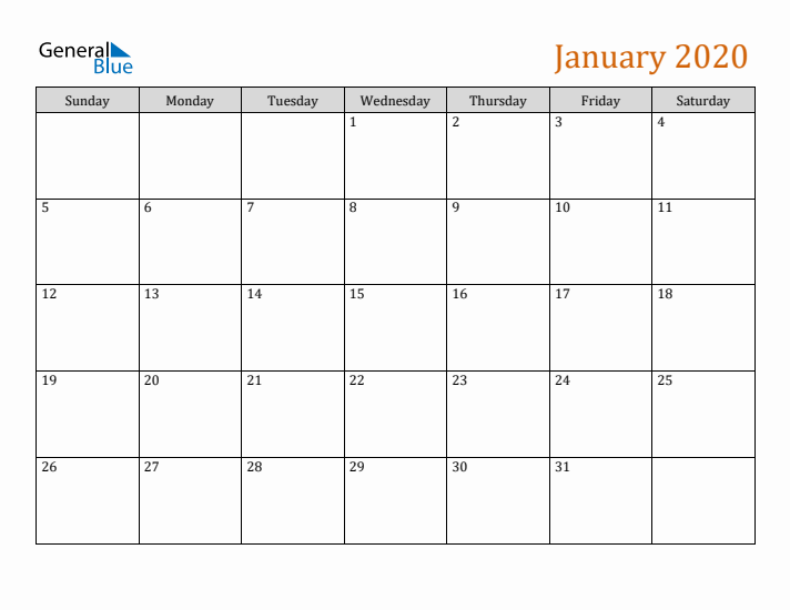 Editable January 2020 Calendar