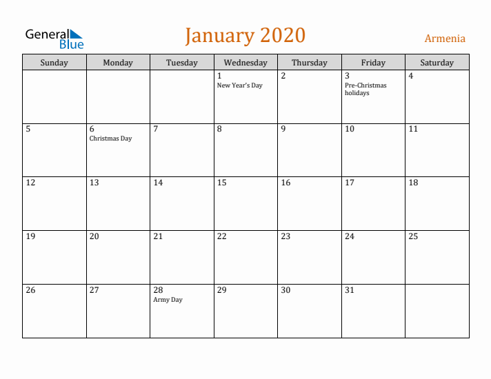 January 2020 Holiday Calendar with Sunday Start