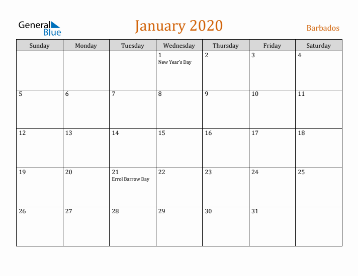 January 2020 Holiday Calendar with Sunday Start