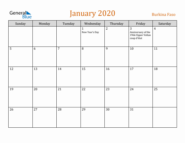 January 2020 Holiday Calendar with Sunday Start