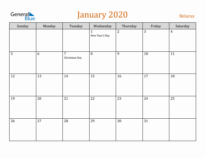 January 2020 Holiday Calendar with Sunday Start