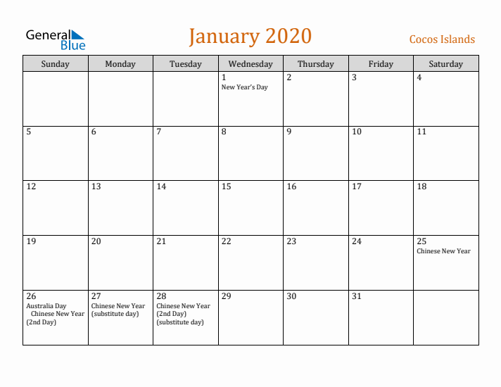 January 2020 Holiday Calendar with Sunday Start