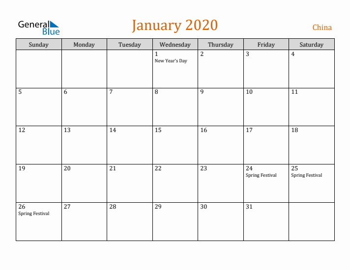 January 2020 Holiday Calendar with Sunday Start