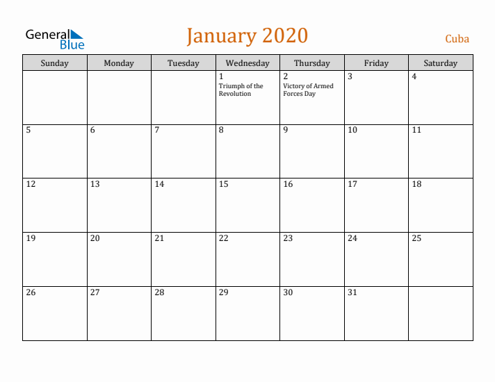 January 2020 Holiday Calendar with Sunday Start