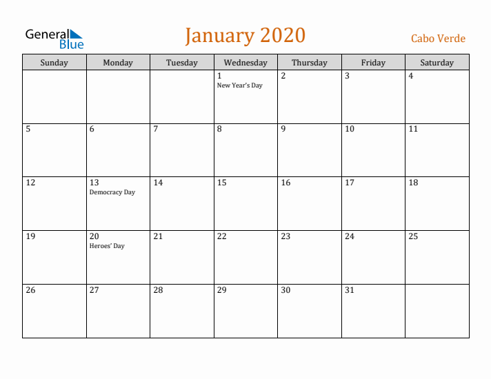 January 2020 Holiday Calendar with Sunday Start