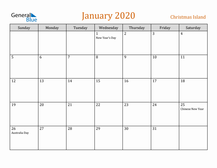 January 2020 Holiday Calendar with Sunday Start