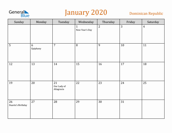 January 2020 Holiday Calendar with Sunday Start