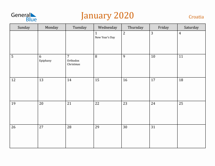 January 2020 Holiday Calendar with Sunday Start