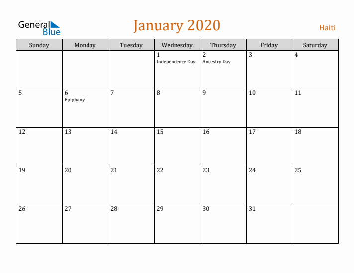 January 2020 Holiday Calendar with Sunday Start