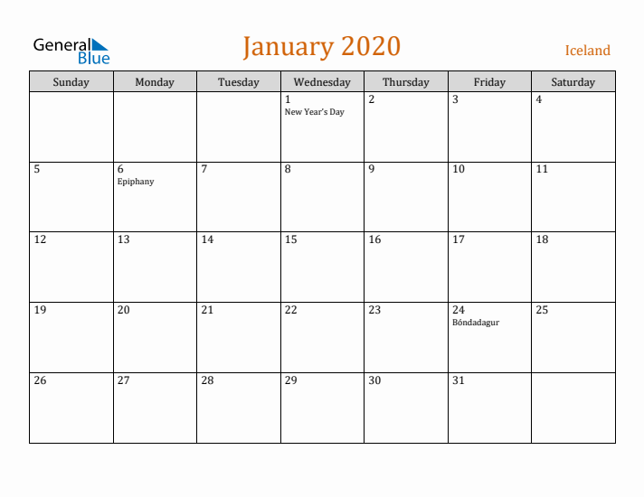 January 2020 Holiday Calendar with Sunday Start