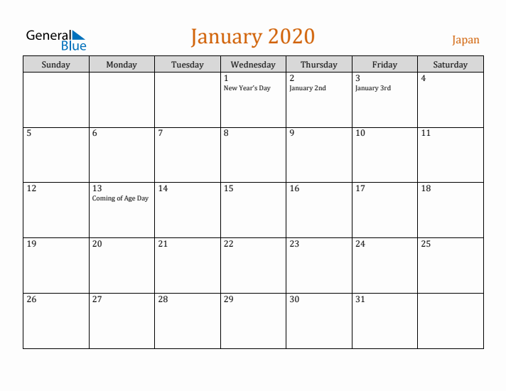 January 2020 Holiday Calendar with Sunday Start