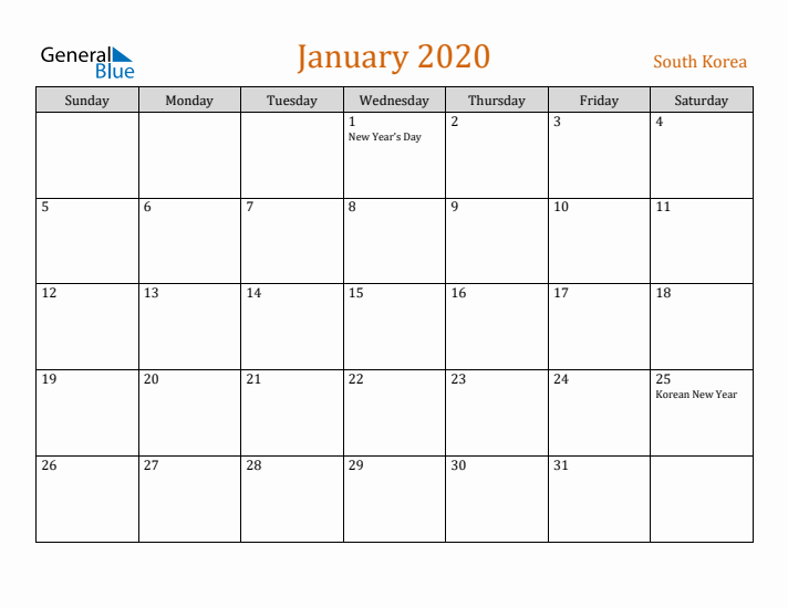 January 2020 Holiday Calendar with Sunday Start