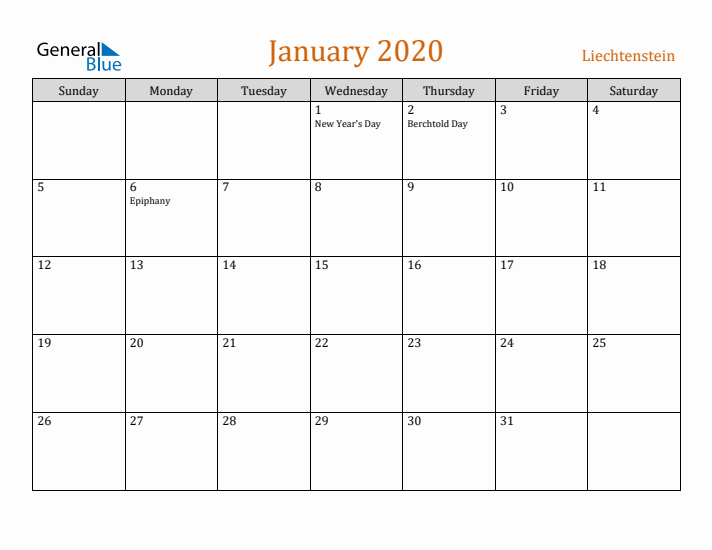 January 2020 Holiday Calendar with Sunday Start