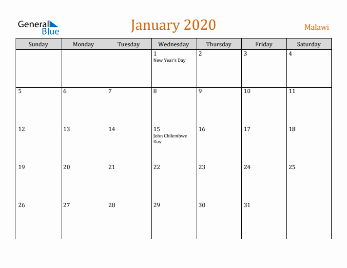 January 2020 Holiday Calendar with Sunday Start