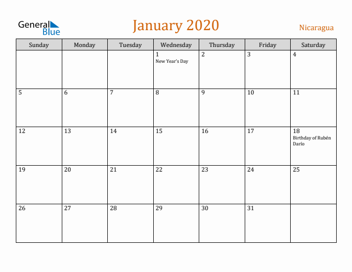 January 2020 Holiday Calendar with Sunday Start