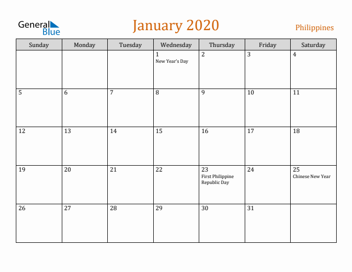 January 2020 Holiday Calendar with Sunday Start