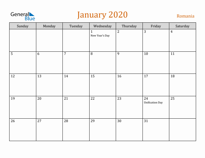 January 2020 Holiday Calendar with Sunday Start