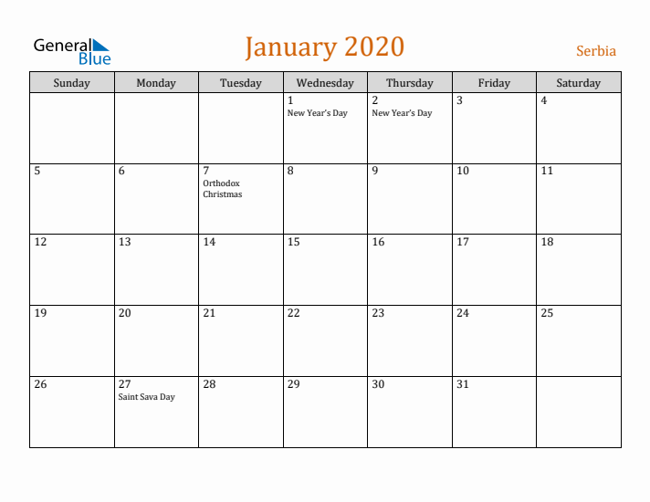 January 2020 Holiday Calendar with Sunday Start