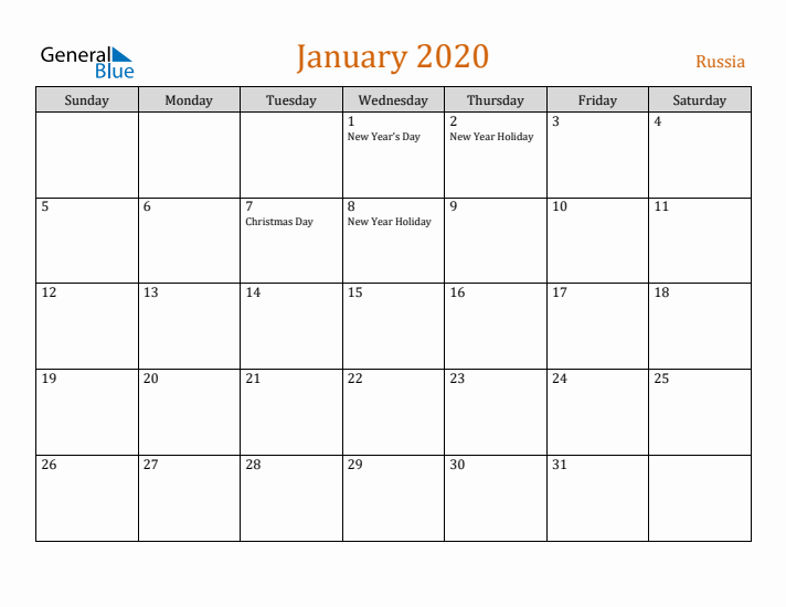 January 2020 Holiday Calendar with Sunday Start