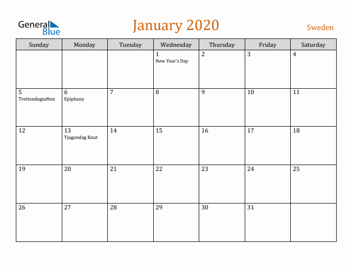 January 2020 Holiday Calendar with Sunday Start