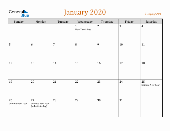 January 2020 Holiday Calendar with Sunday Start