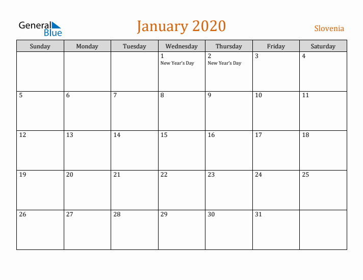 January 2020 Holiday Calendar with Sunday Start