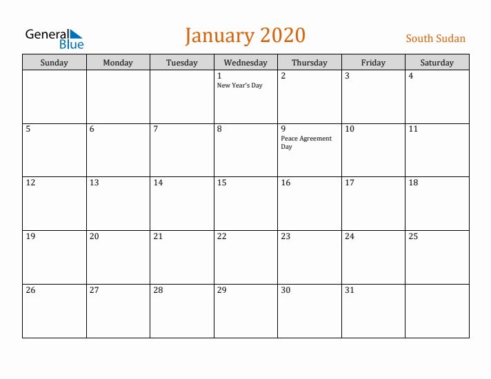 January 2020 Holiday Calendar with Sunday Start