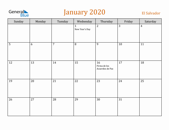 January 2020 Holiday Calendar with Sunday Start