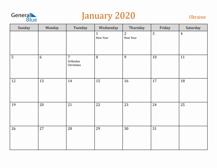 January 2020 Holiday Calendar with Sunday Start