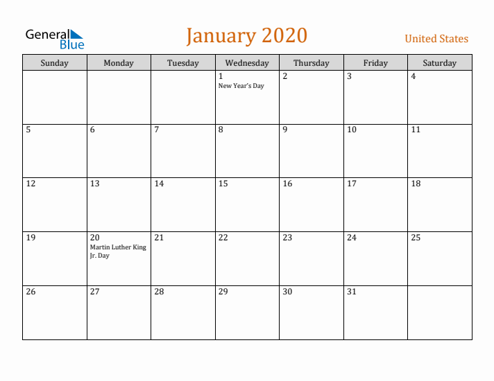 January 2020 Holiday Calendar with Sunday Start