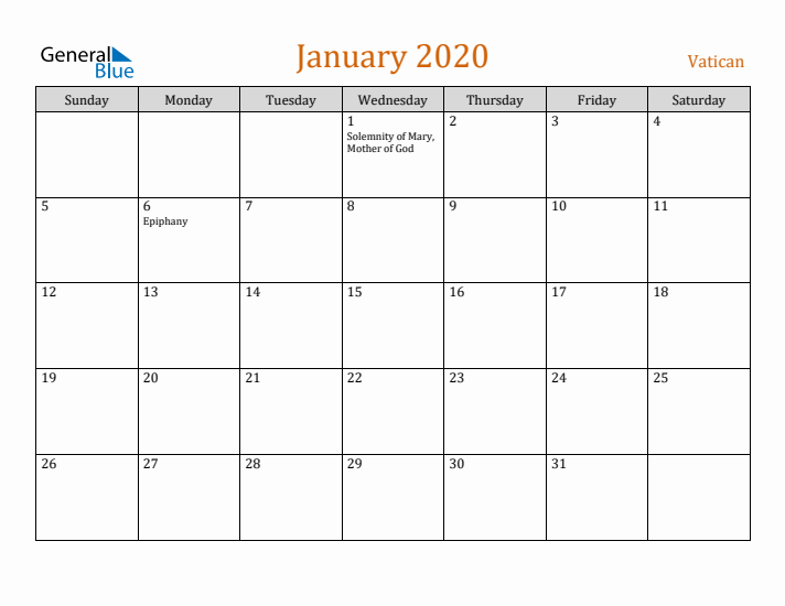 January 2020 Holiday Calendar with Sunday Start