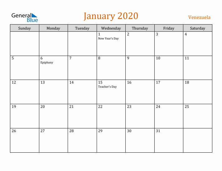 January 2020 Holiday Calendar with Sunday Start