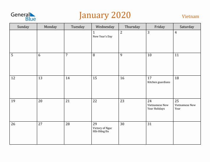 January 2020 Holiday Calendar with Sunday Start