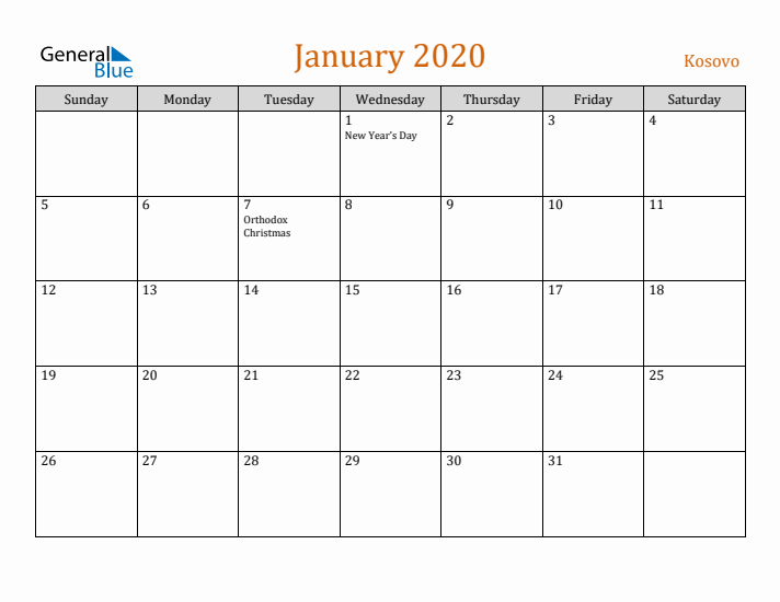 January 2020 Holiday Calendar with Sunday Start