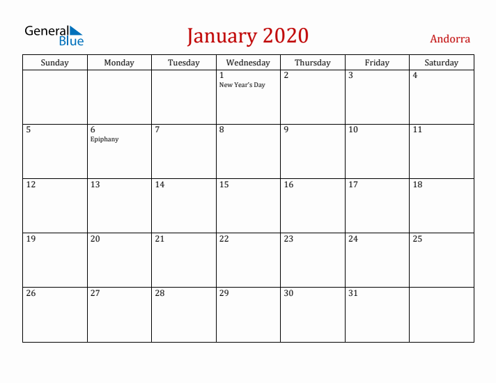 Andorra January 2020 Calendar - Sunday Start