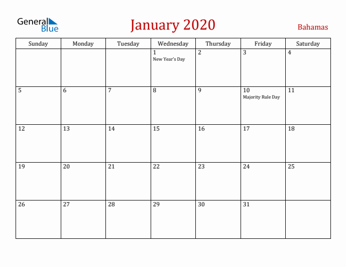 Bahamas January 2020 Calendar - Sunday Start